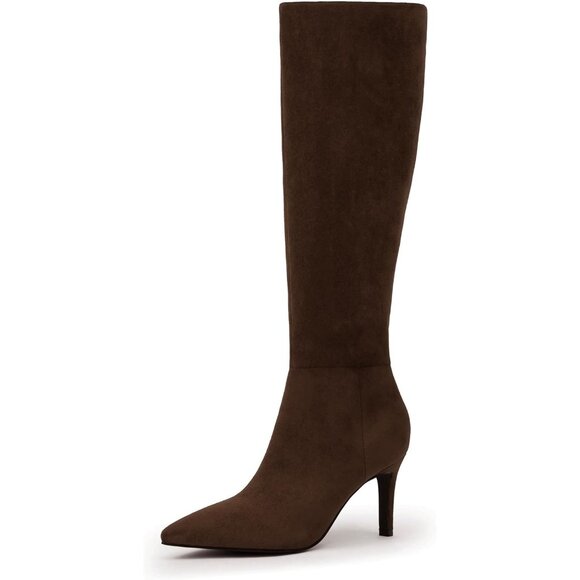 Women Dark Brown Suede Faux Leather Pointed Toe Stiletto Heel Zipper Dress Boot - Picture 1 of 7